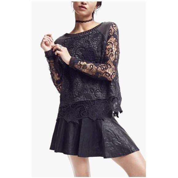 Free People Sweaters - Free People Gray Womens Pretty Rad Lace Crochet Cutout Pullover Sweater Medium